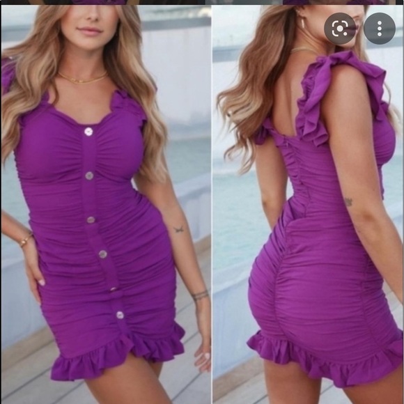 NWT ZARA Purple Button Front Draped Ruffle Mini Dress XS Blogger Favorite - Picture 2 of 12